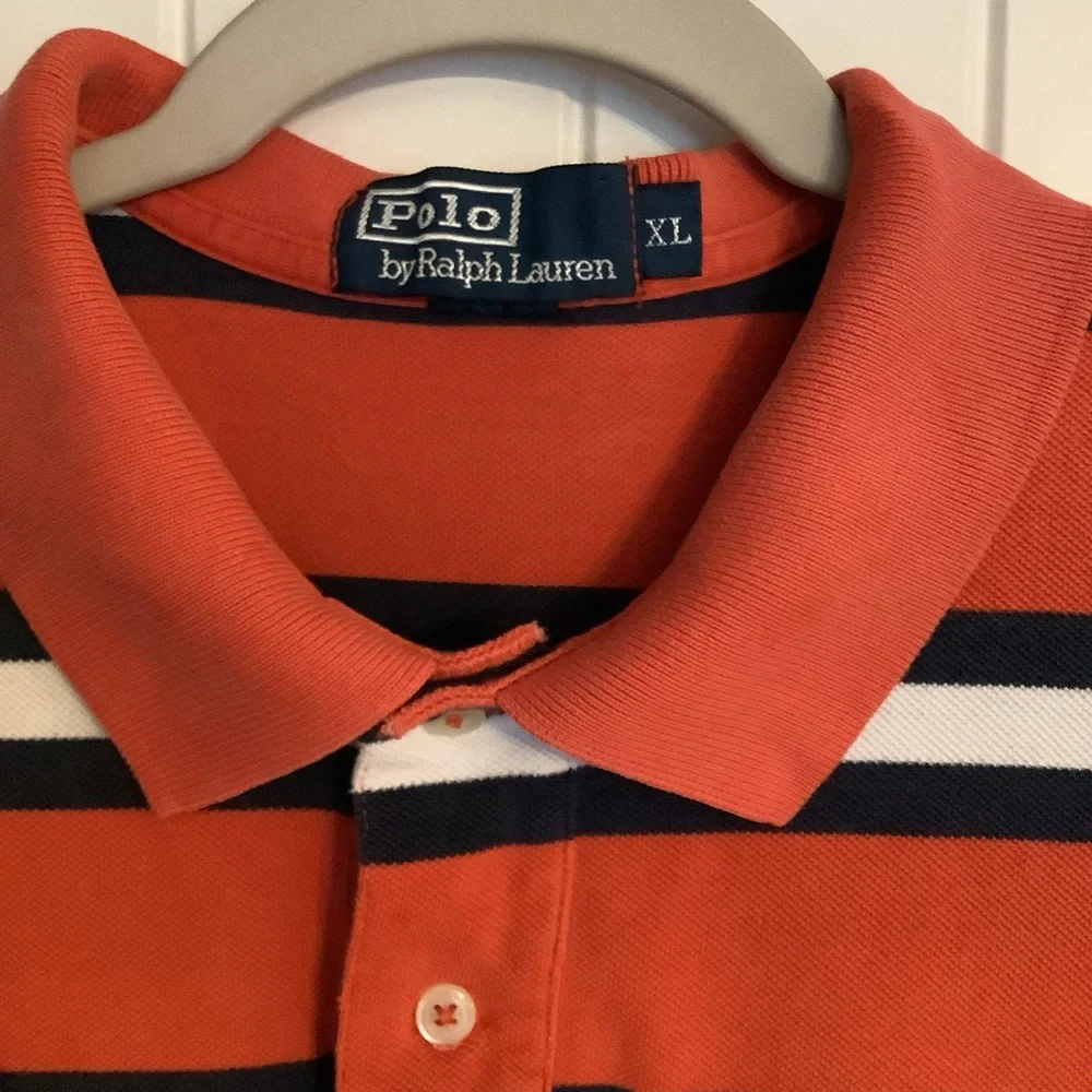 Ralph Lauren Men's Orange and Navy Striped Polo‎ Shirt